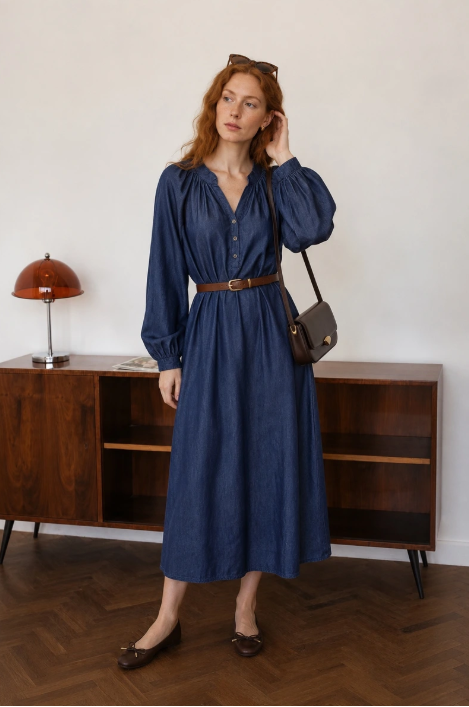 Tencel Denim Shirt Dress with Brown Belt