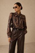Brown & Black Paisley Bow Tie Blouse with Gold Thread