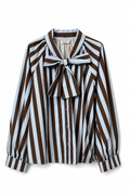 Blue & Brown Stripe Pussy Bow Blouse