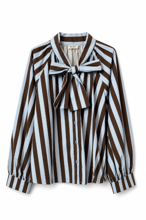 Blue & Brown Stripe Pussy Bow Blouse