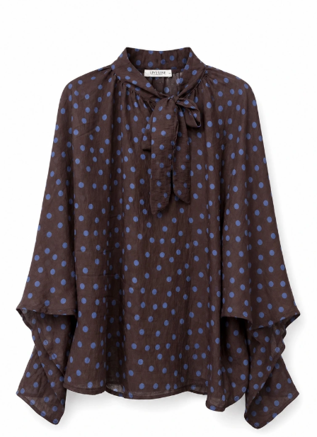 Brown Batwing Top with Blue Spots