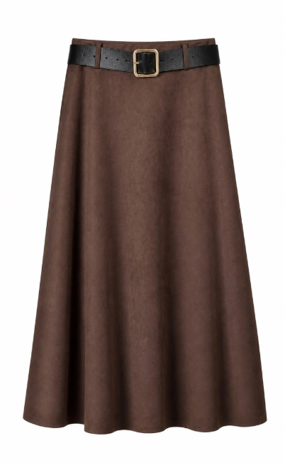 Full Length Brown Suedette Skirt with Belt