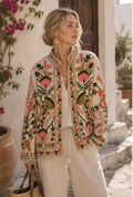 Boho Floral Embroidered Ecru Velvet Jacket
