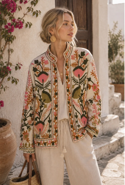 Boho Floral Embroidered Ecru Velvet Jacket
