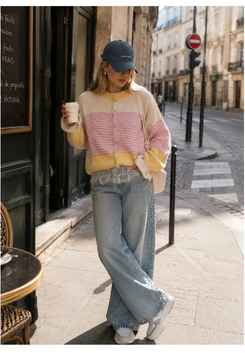 Pink Stripe Italian Knit Wool Blend Cardigan