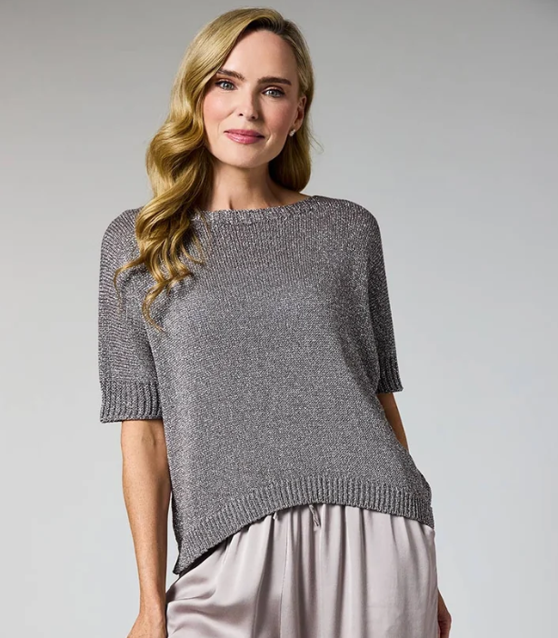 Taupe Lurex Short-Sleeve Knit Top