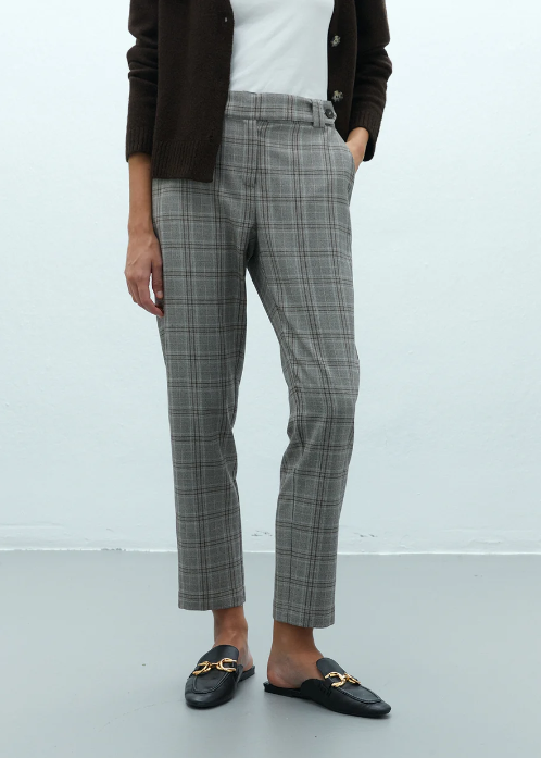 Taupe & Grey Plaid Straight Leg Ankle Trousers