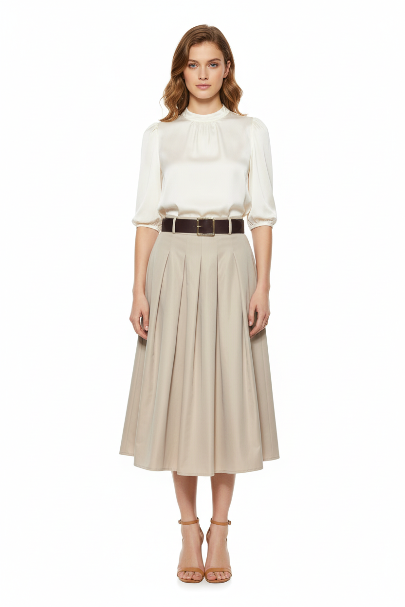 Beige pleated skirt on model