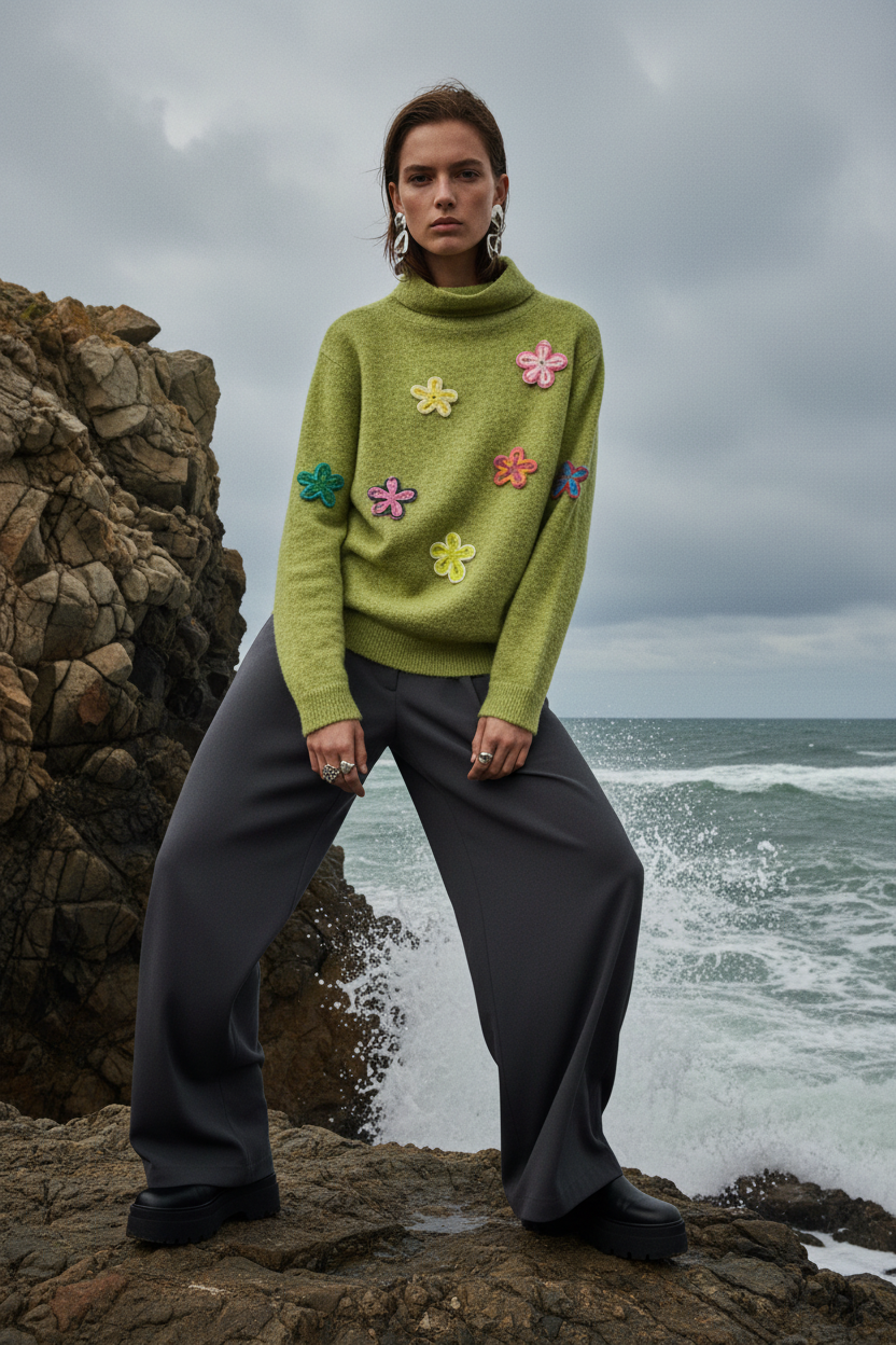 Editorial fashion photo of green floral sweater
