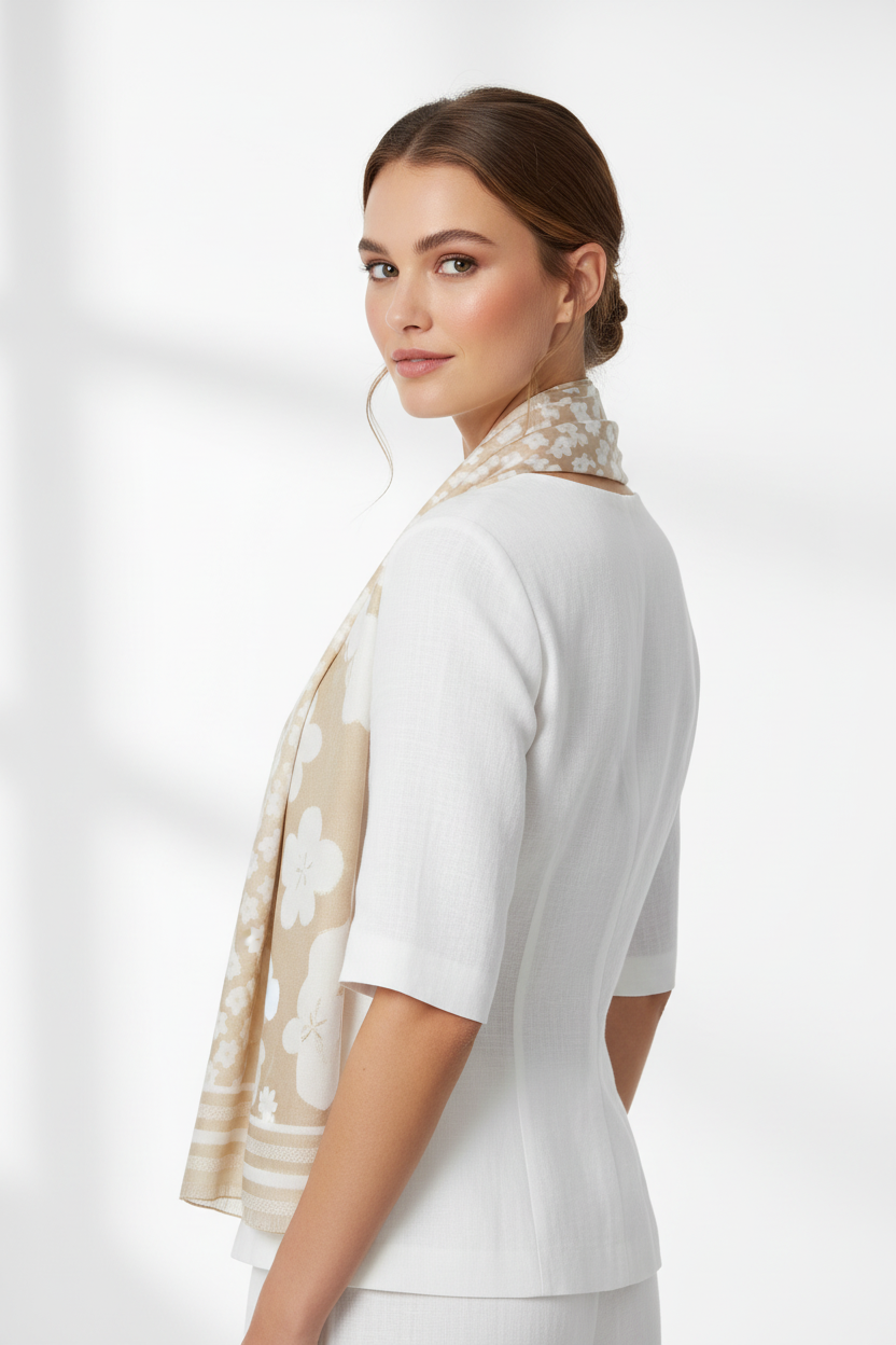 Neutral striped scarf on model