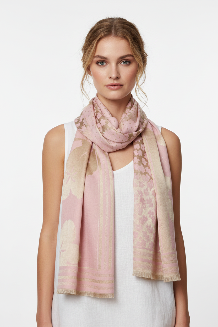 Pink and beige scarf on model